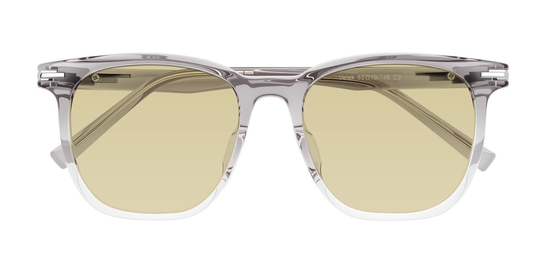 Folded Front of Velek in Gradient Crystal Gray with Light Champagne Tinted Lenses