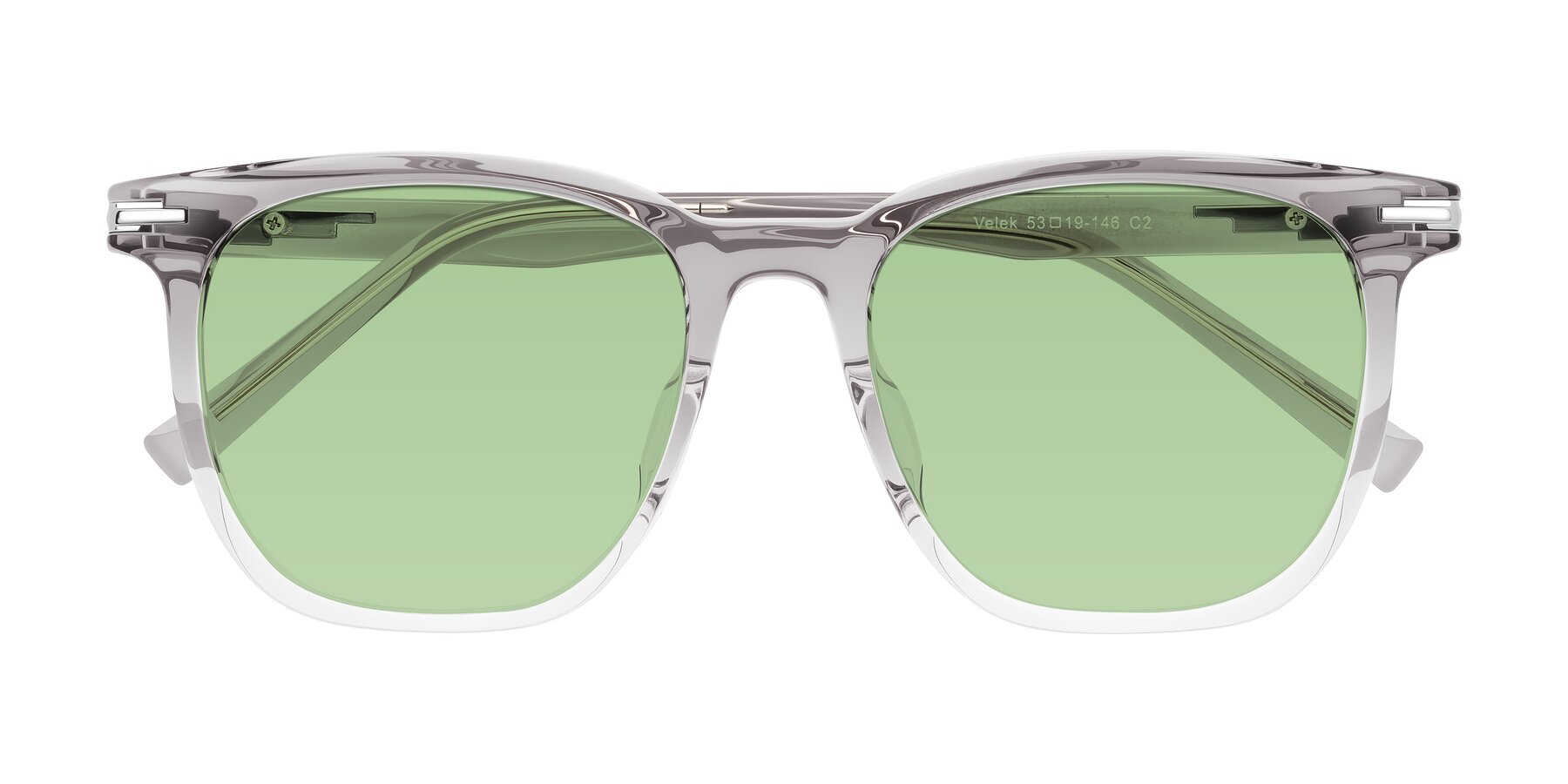 Folded Front of Velek in Gradient Crystal Gray with Medium Green Tinted Lenses
