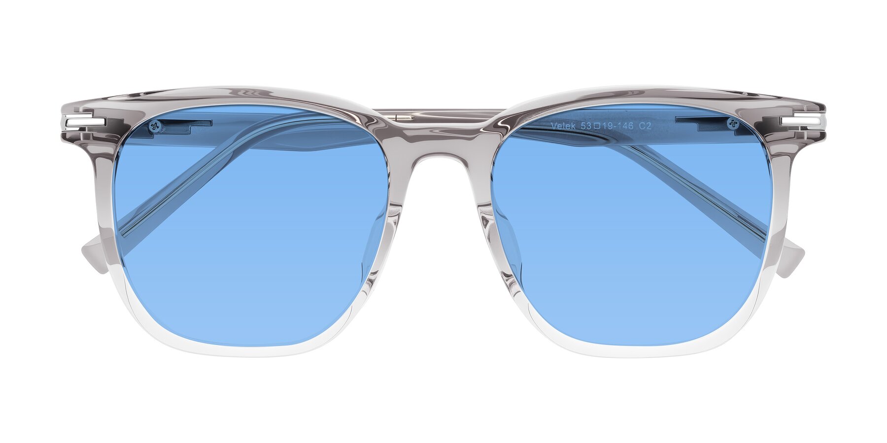 Folded Front of Velek in Gradient Crystal Gray with Medium Blue Tinted Lenses