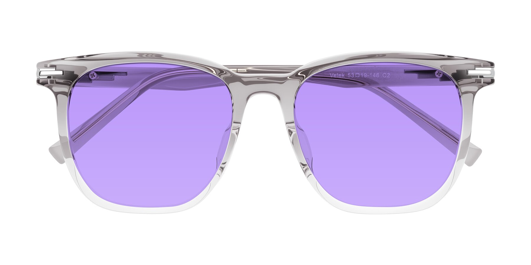 Folded Front of Velek in Gradient Crystal Gray with Medium Purple Tinted Lenses