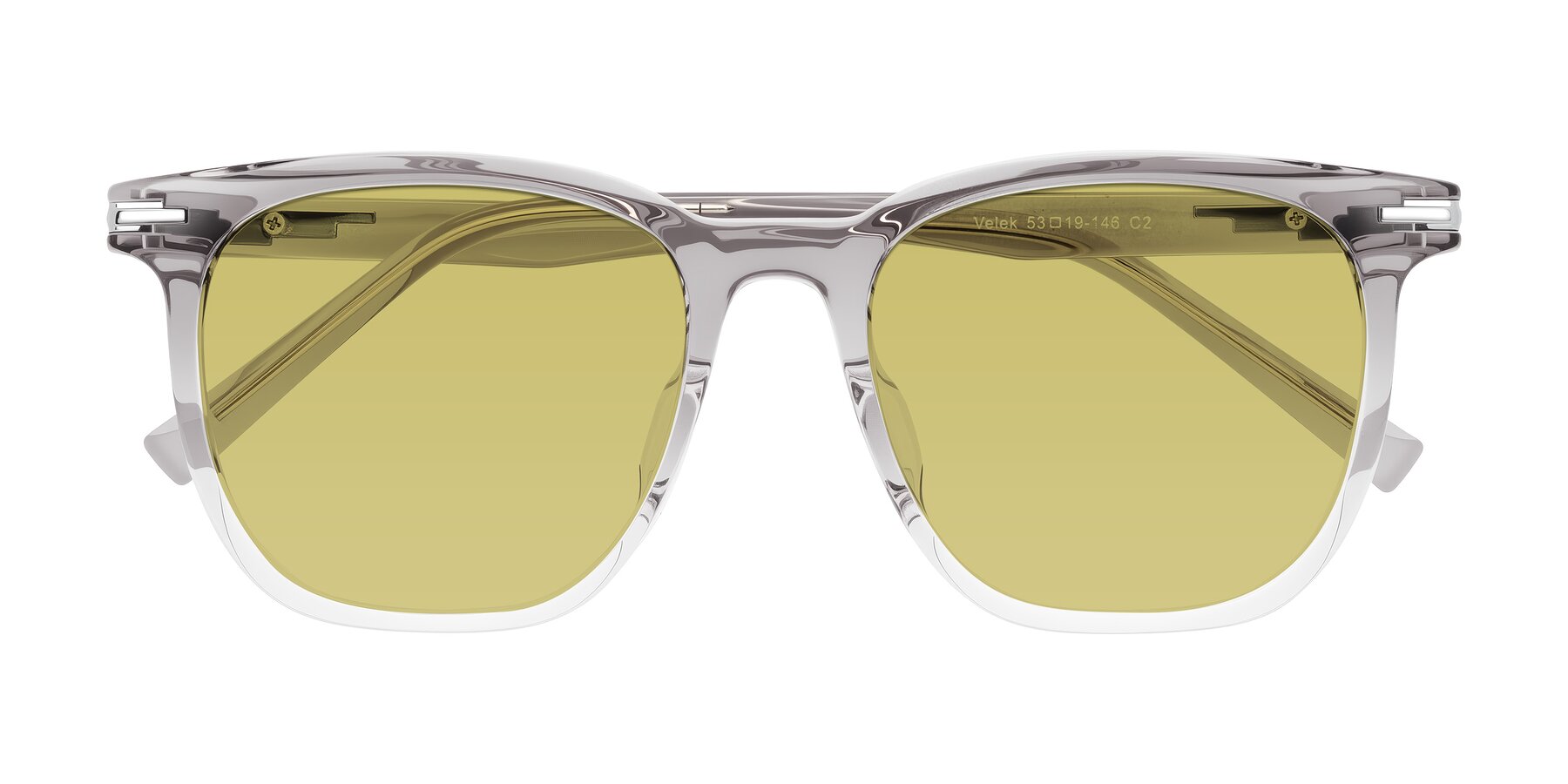 Folded Front of Velek in Gradient Crystal Gray with Medium Champagne Tinted Lenses