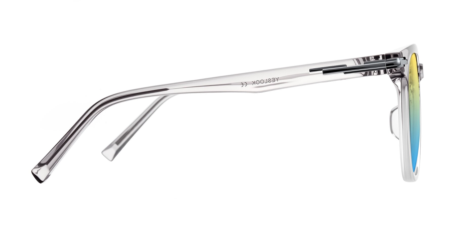 Side of Velek in Gradient Crystal Gray with Yellow / Blue Gradient Lenses