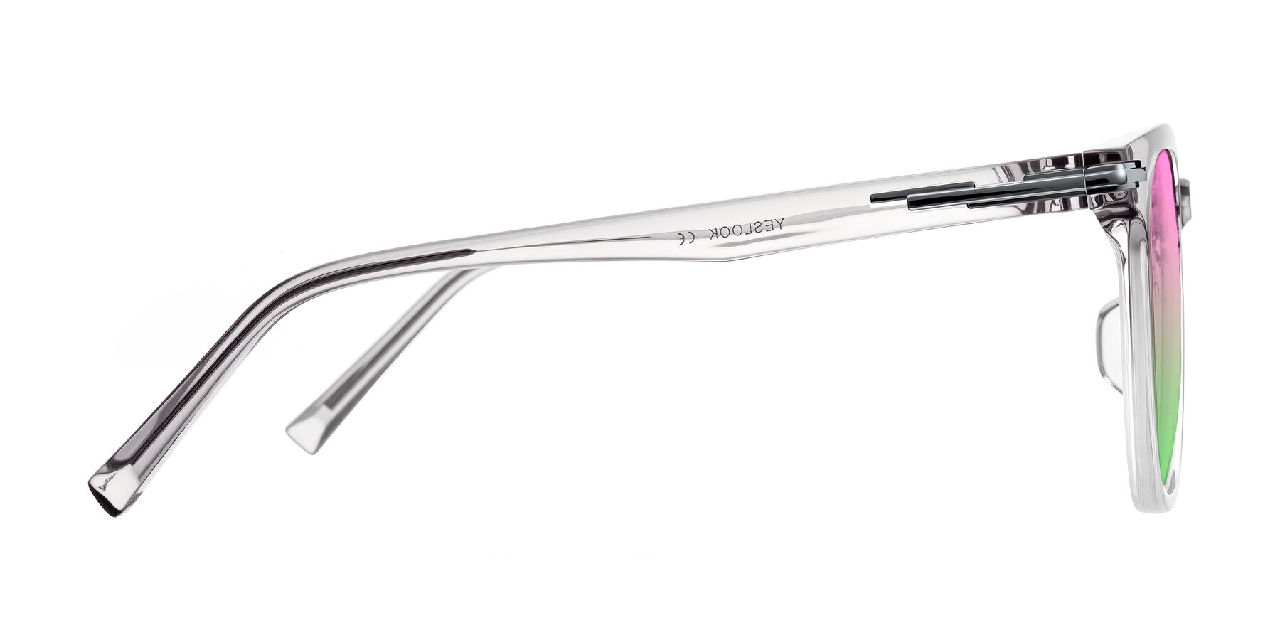 Side of Velek in Gradient Crystal Gray with Pink / Green Gradient Lenses