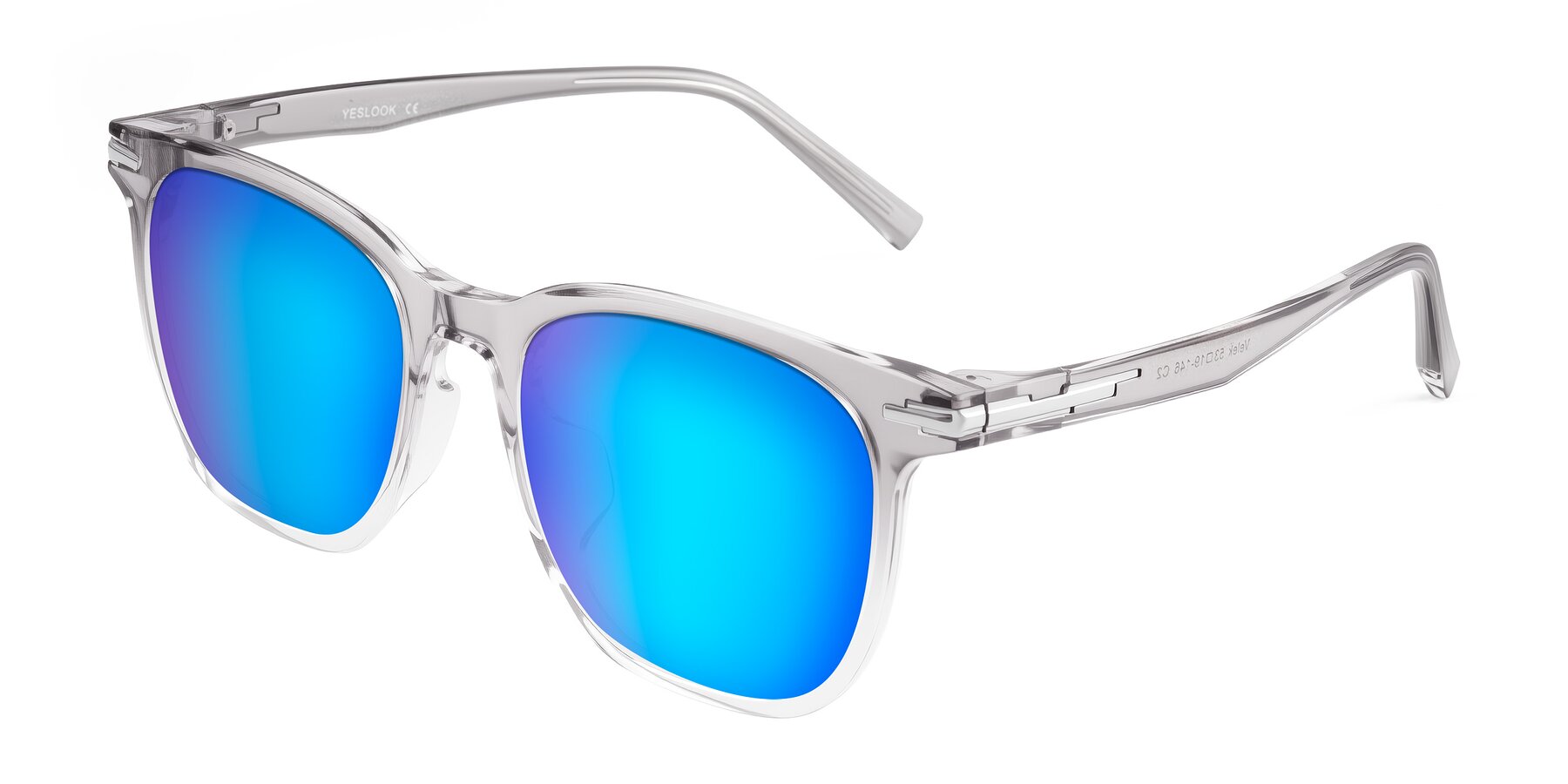 Angle of Velek in Gradient Crystal Gray with Blue Mirrored Lenses