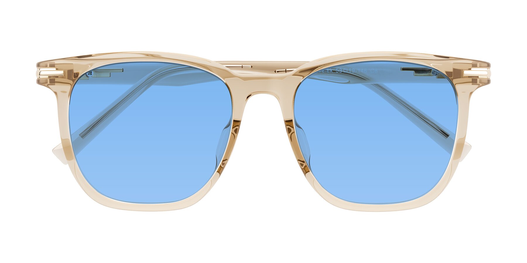 Folded Front of Velek in Champagne with Medium Blue Tinted Lenses