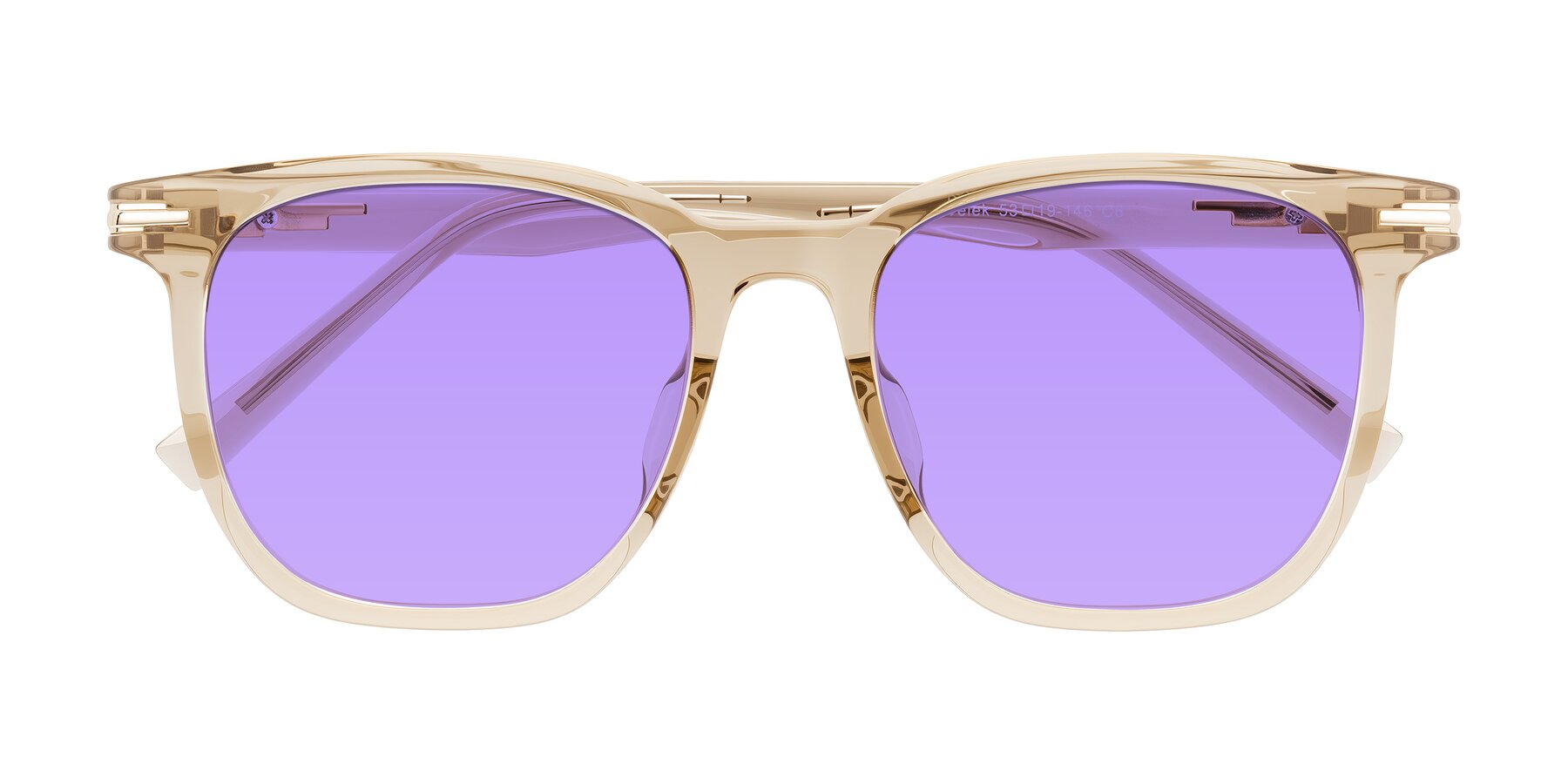Folded Front of Velek in Champagne with Medium Purple Tinted Lenses