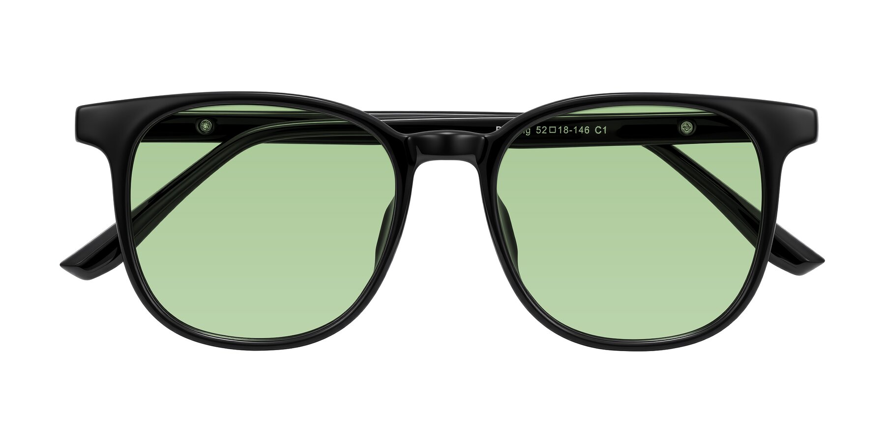 Folded Front of Ruhling in Black with Medium Green Tinted Lenses