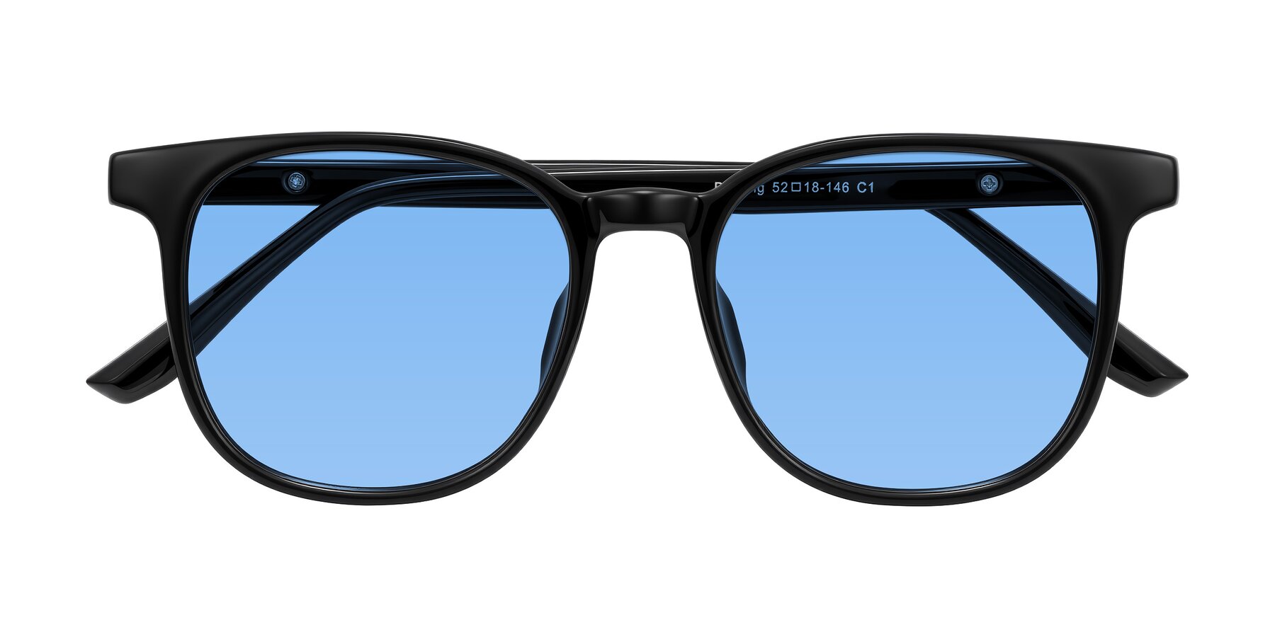Folded Front of Ruhling in Black with Medium Blue Tinted Lenses