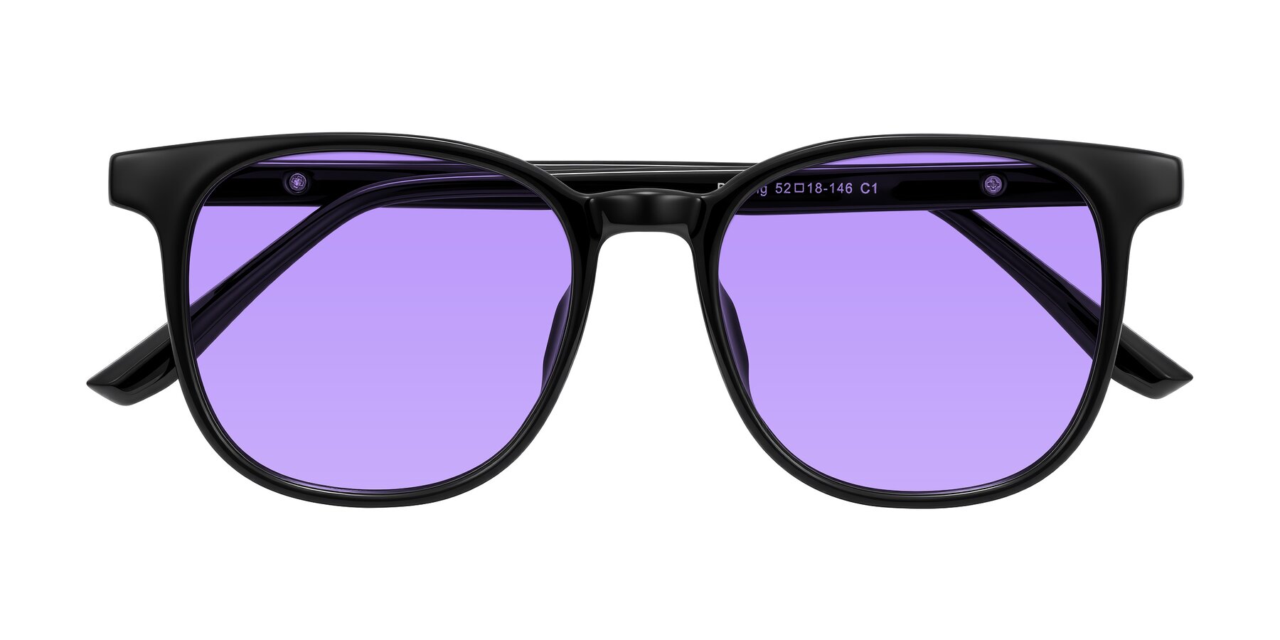 Folded Front of Ruhling in Black with Medium Purple Tinted Lenses