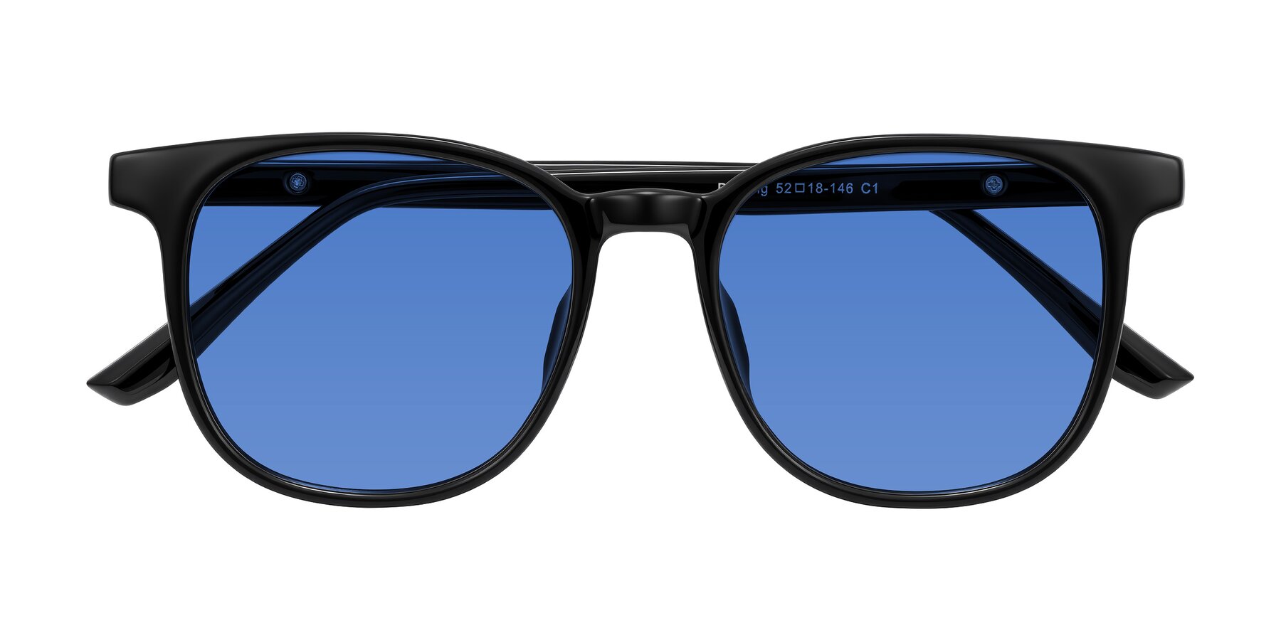 Folded Front of Ruhling in Black with Blue Tinted Lenses