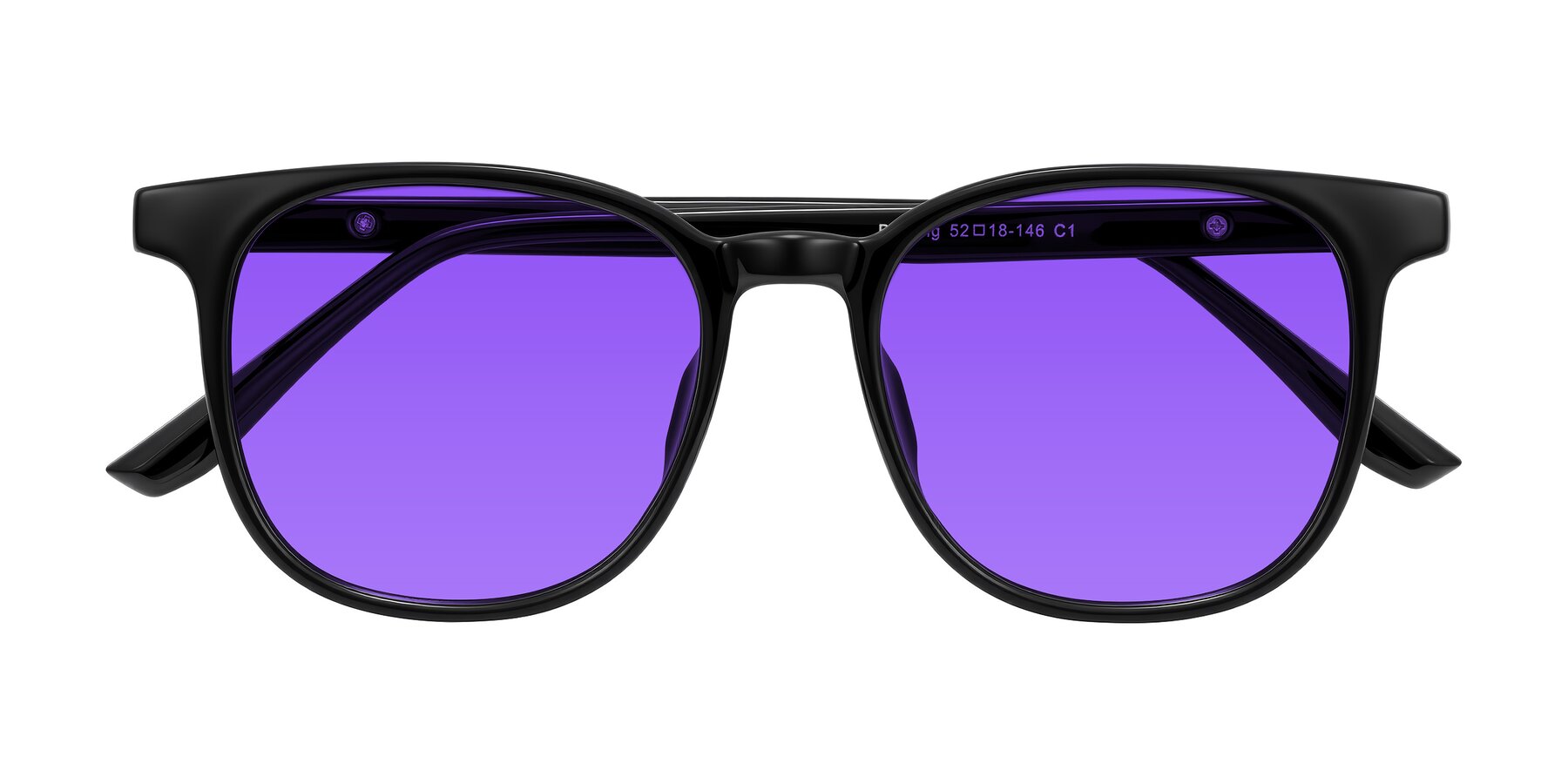 Folded Front of Ruhling in Black with Purple Tinted Lenses
