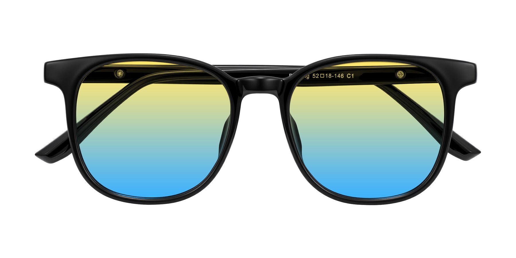 Folded Front of Ruhling in Black with Yellow / Blue Gradient Lenses