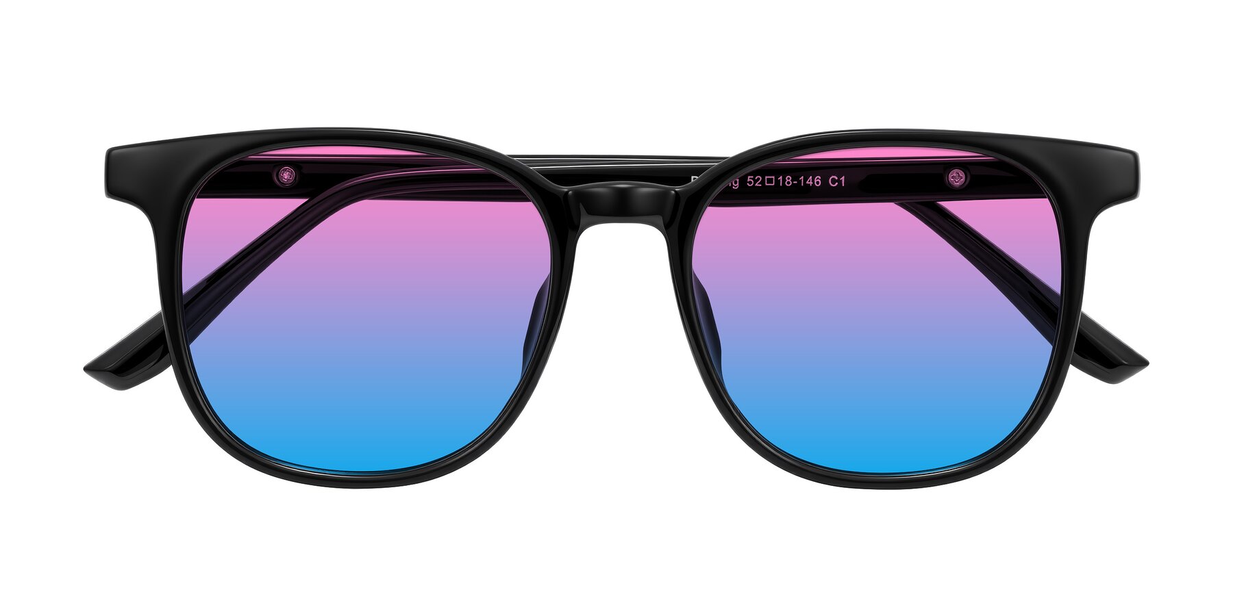 Folded Front of Ruhling in Black with Pink / Blue Gradient Lenses