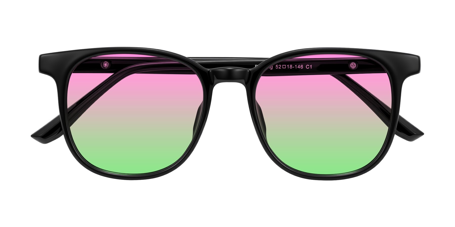 Folded Front of Ruhling in Black with Pink / Green Gradient Lenses
