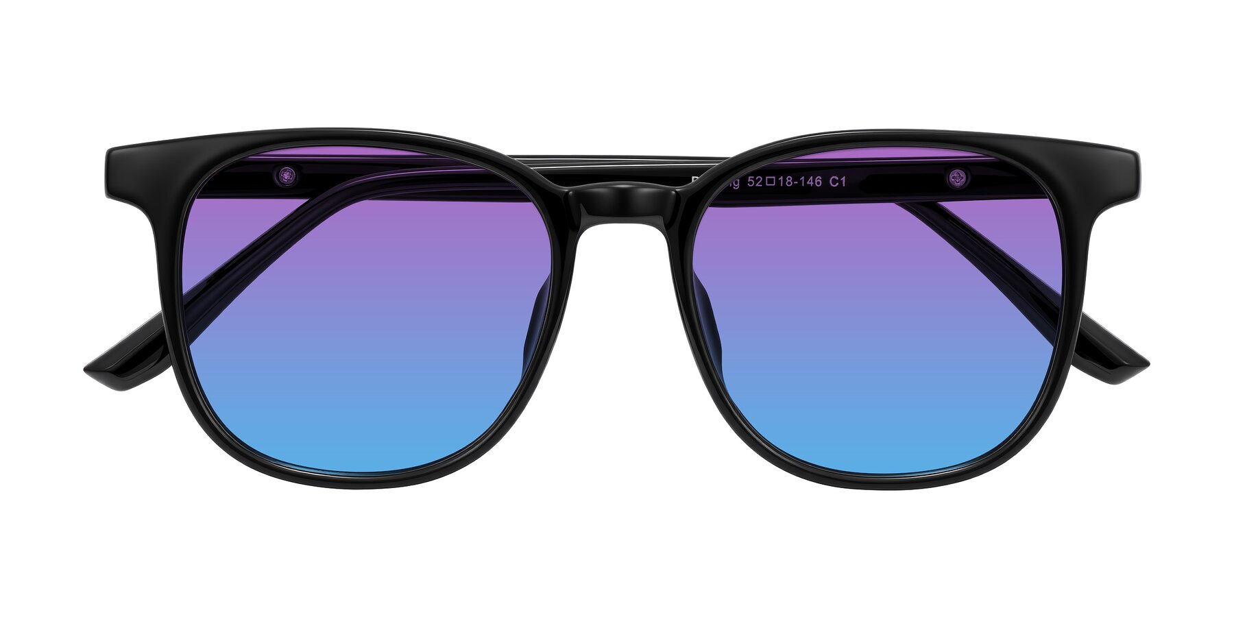 Folded Front of Ruhling in Black with Purple / Blue Gradient Lenses