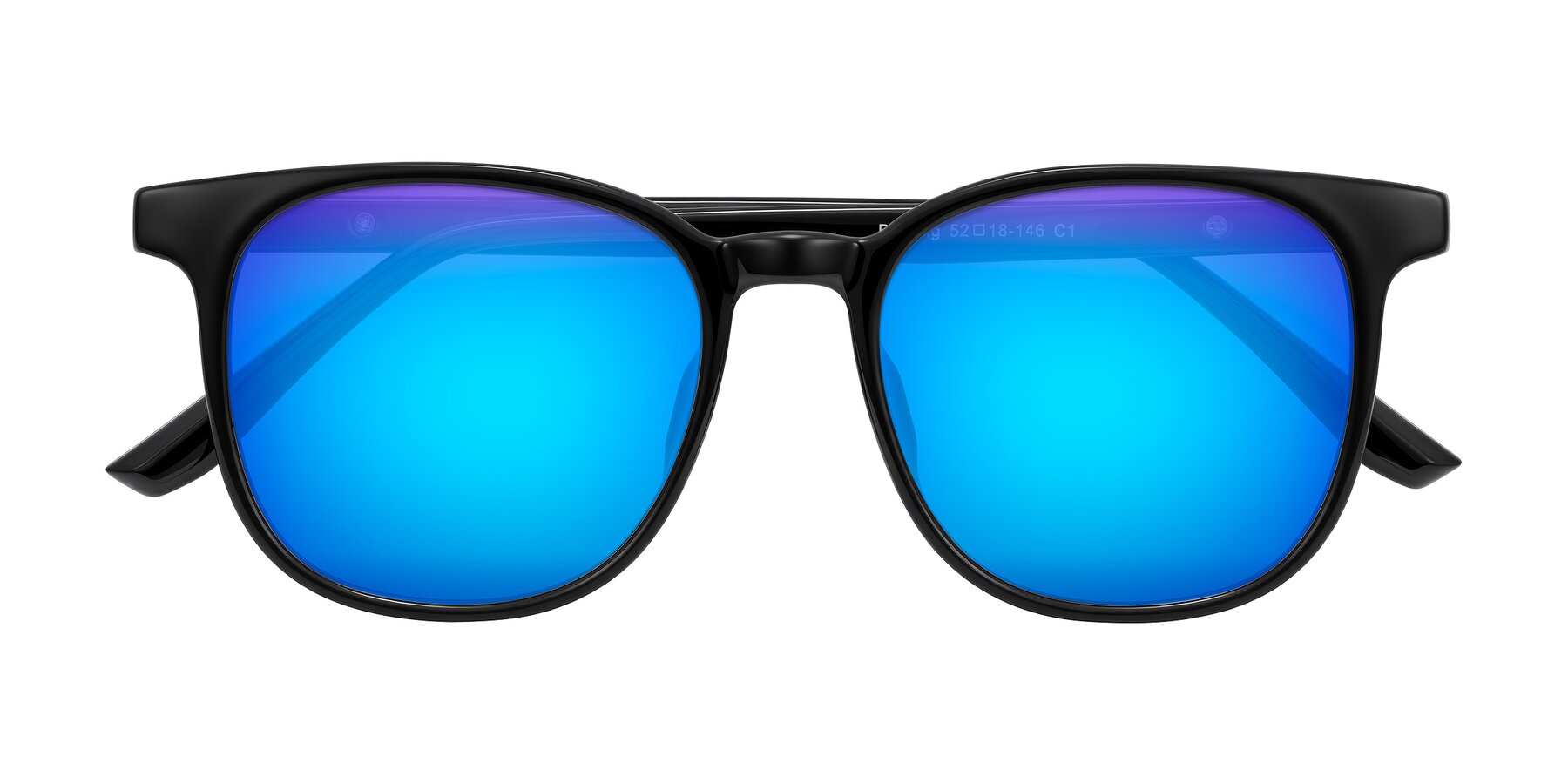 Folded Front of Ruhling in Black with Blue Mirrored Lenses