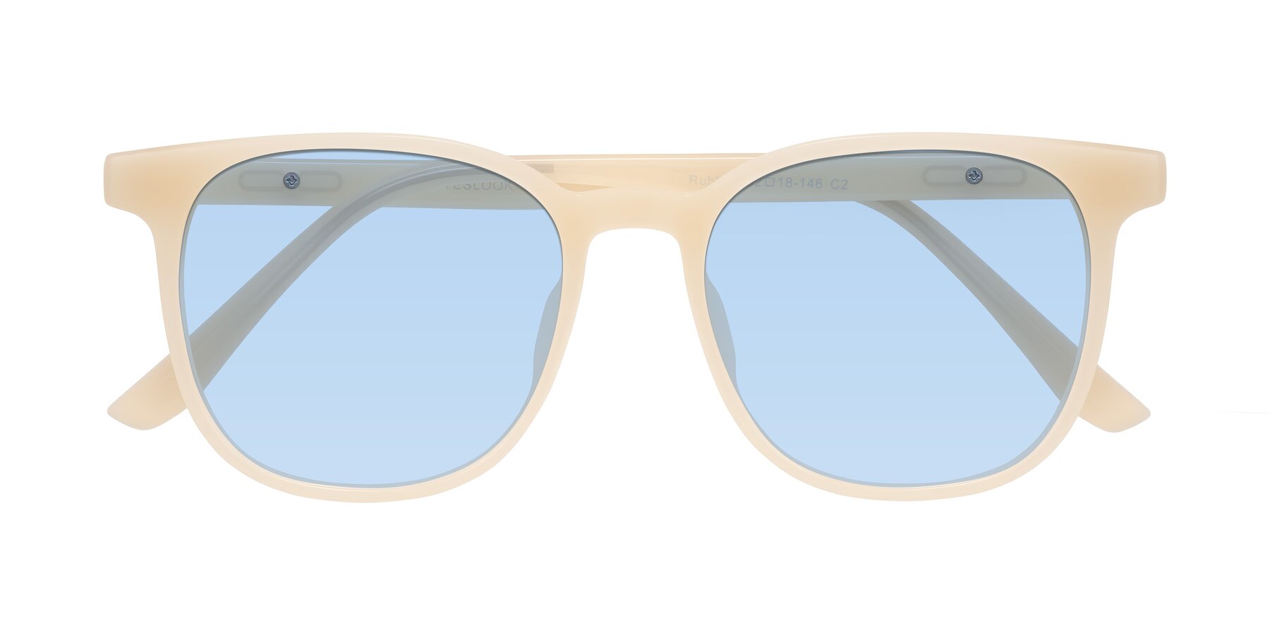 Folded Front of Ruhling in Apricot with Light Blue Tinted Lenses