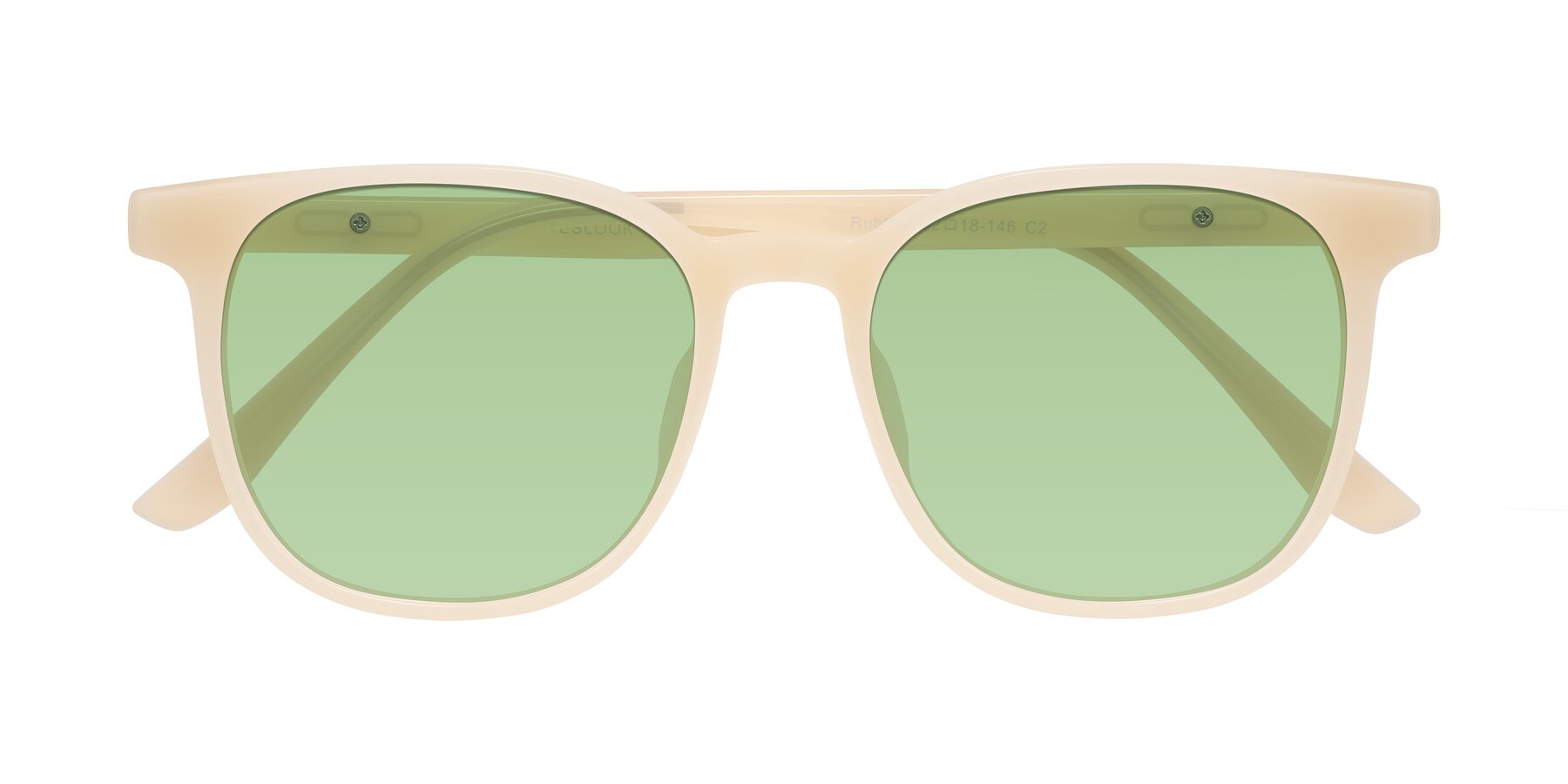 Folded Front of Ruhling in Apricot with Medium Green Tinted Lenses