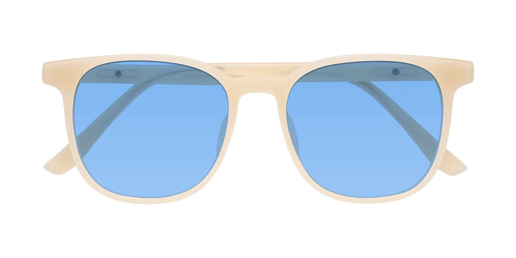 Folded Front of Ruhling in Apricot with Medium Blue Tinted Lenses