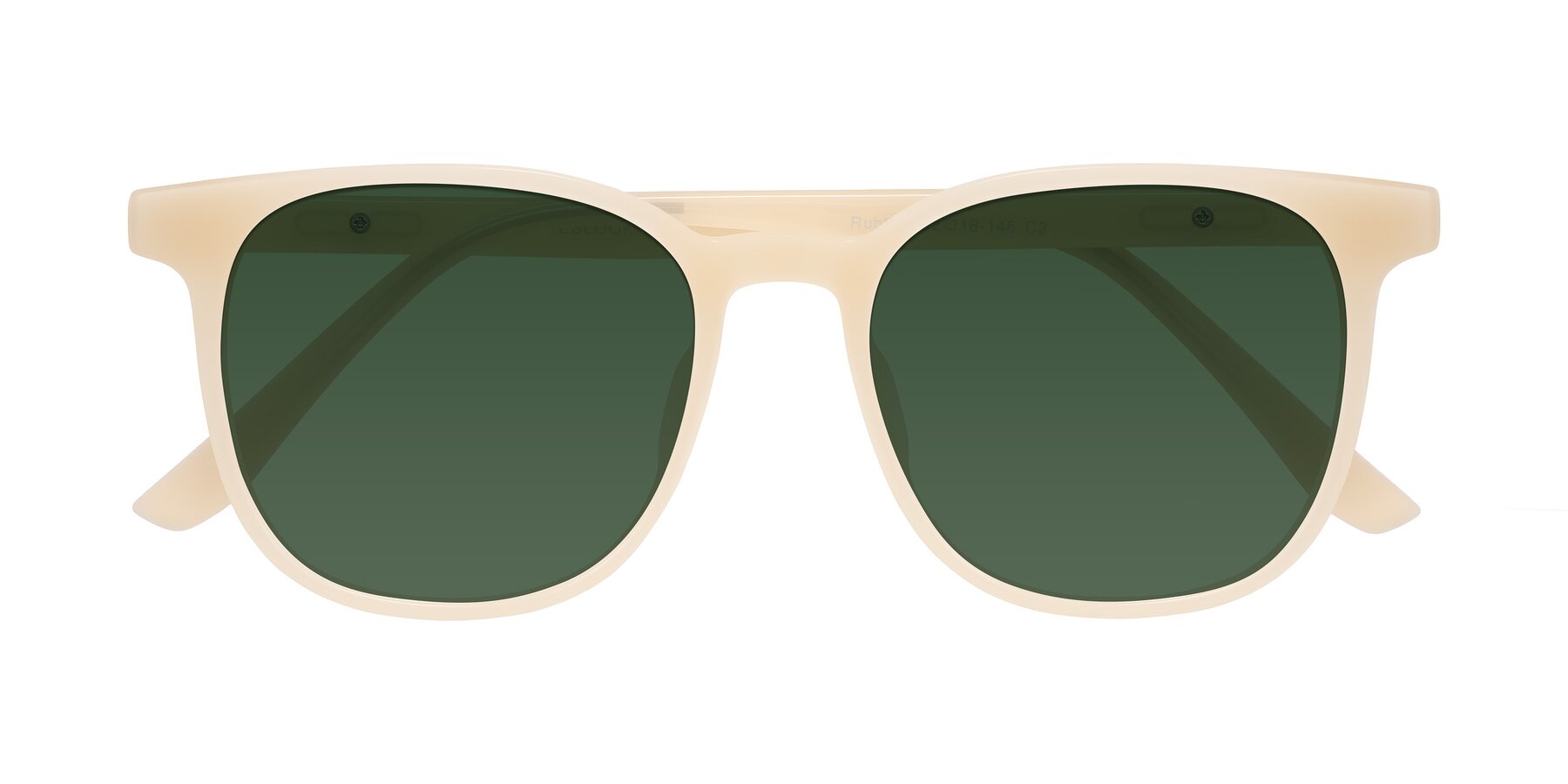 Folded Front of Ruhling in Apricot with Green Tinted Lenses