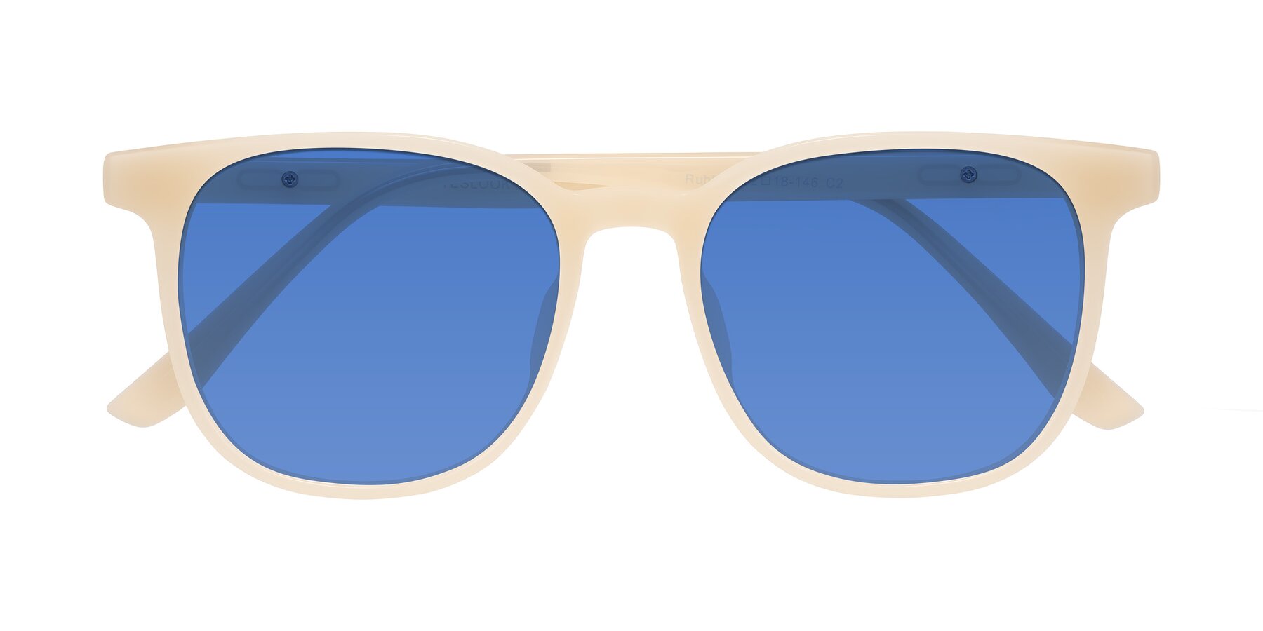 Folded Front of Ruhling in Apricot with Blue Tinted Lenses