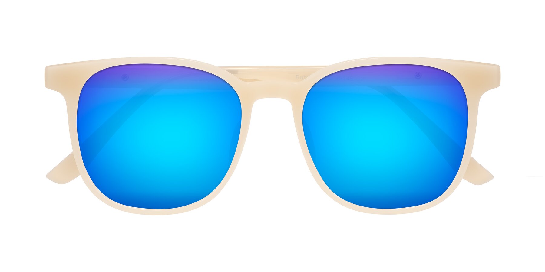 Folded Front of Ruhling in Apricot with Blue Mirrored Lenses