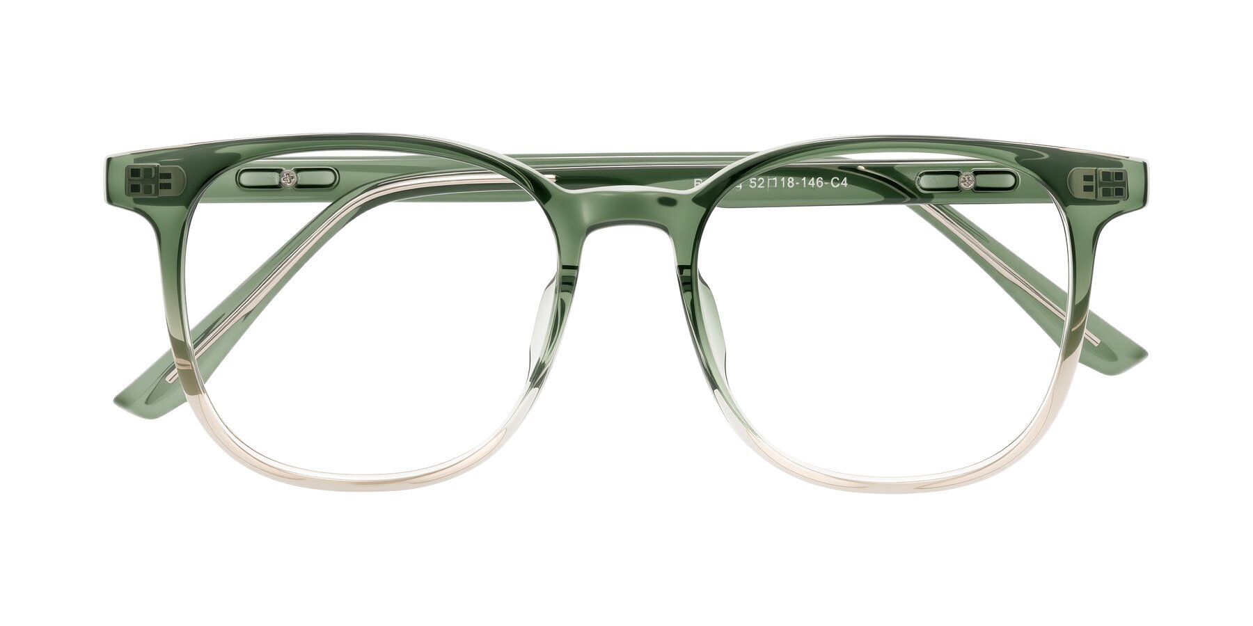 Folded Front of Ruhling in Gradient Green with Clear Eyeglass Lenses