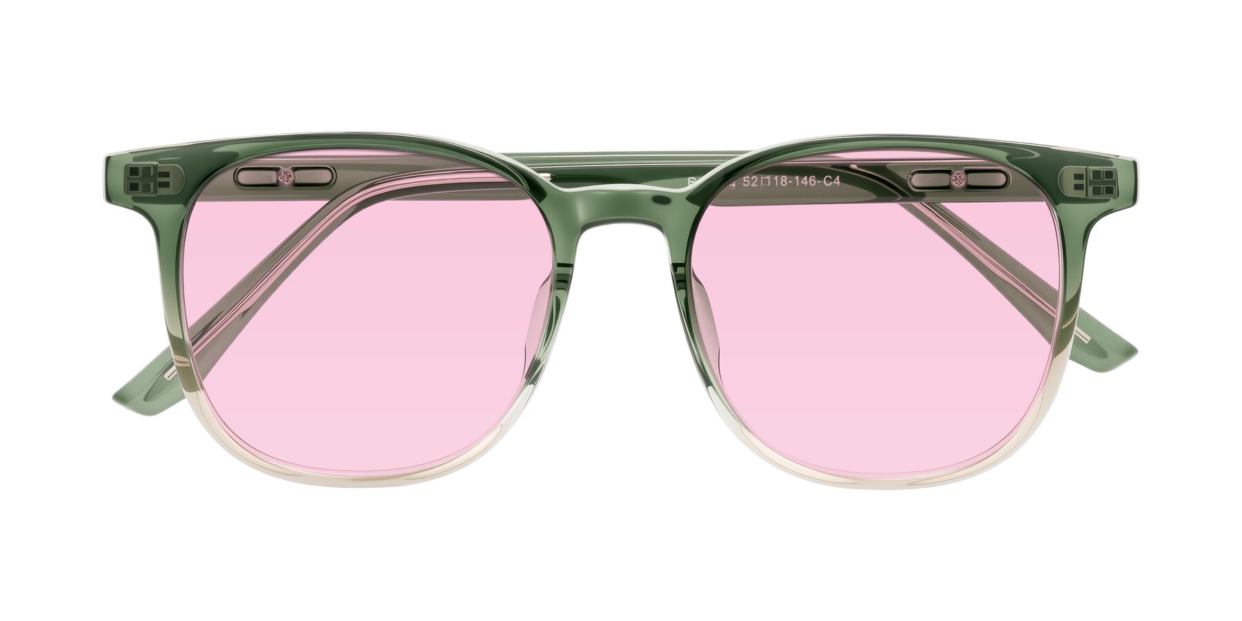 Folded Front of Ruhling in Gradient Green with Light Pink Tinted Lenses