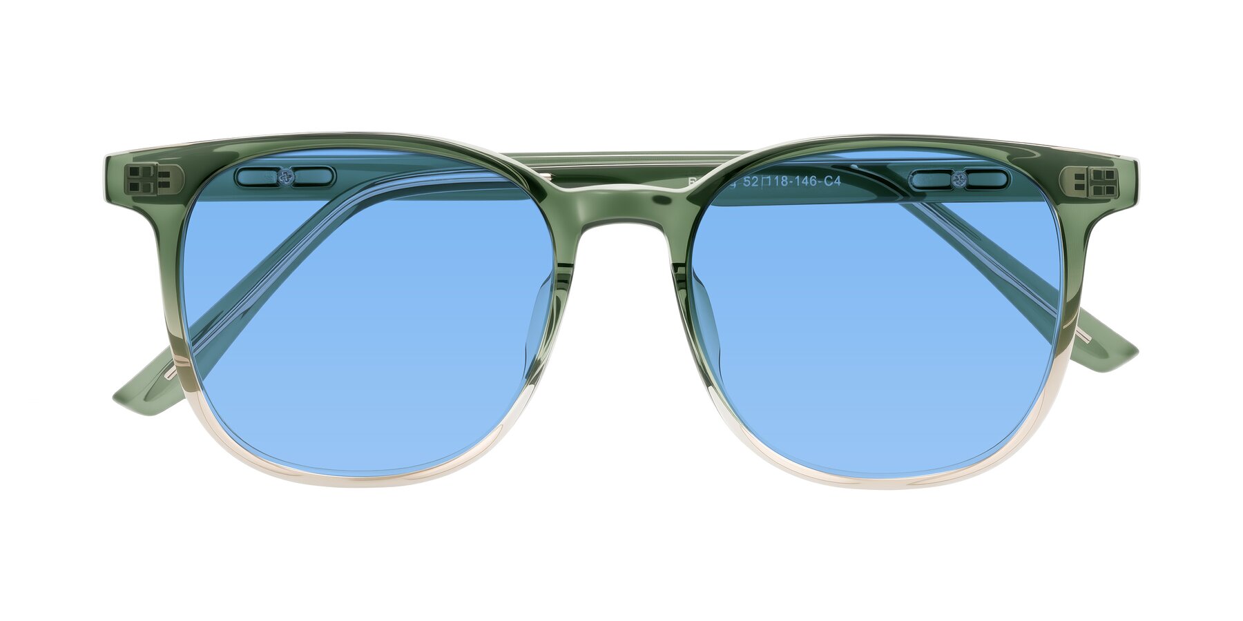 Folded Front of Ruhling in Gradient Green with Medium Blue Tinted Lenses