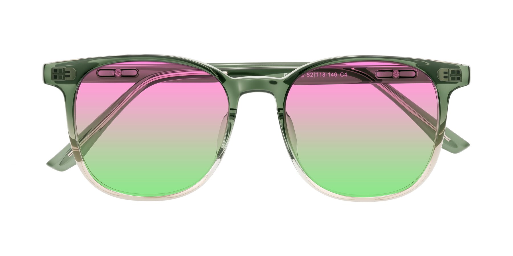 Folded Front of Ruhling in Gradient Green with Pink / Green Gradient Lenses