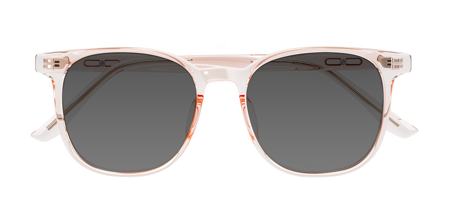 Folded Front of Ruhling in Transparent Pink with Medium Gray Tinted Lenses