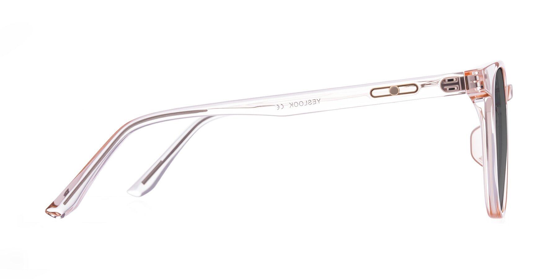 Side of Ruhling in Transparent Pink with Medium Gray Tinted Lenses