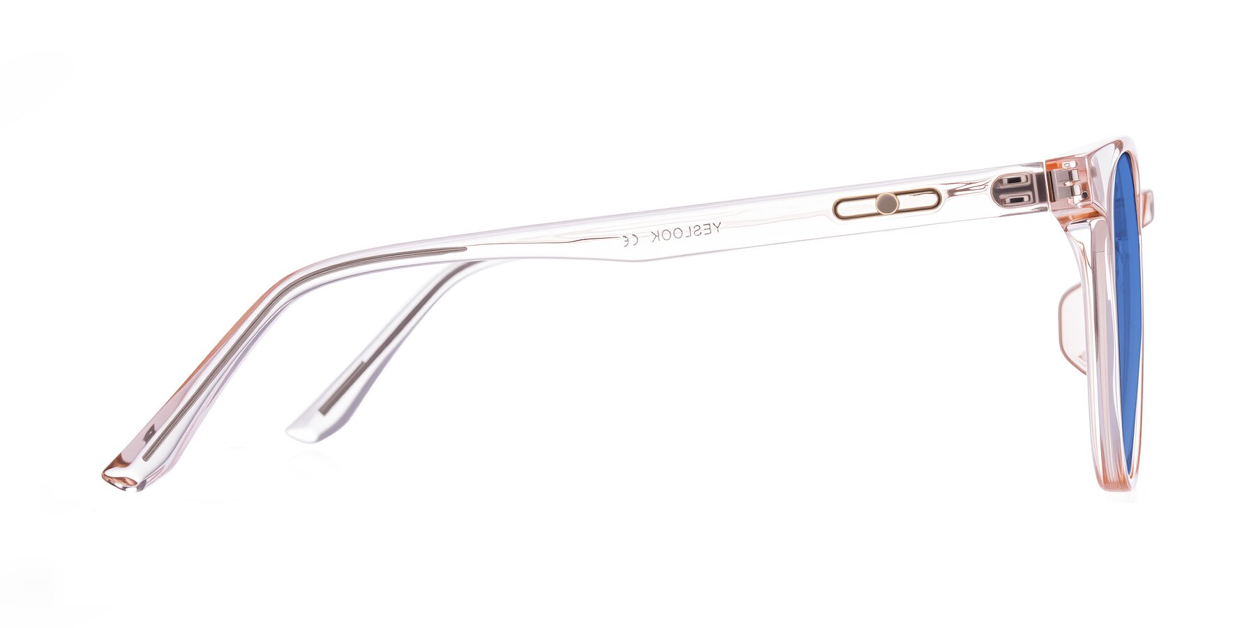 Side of Ruhling in Transparent Pink with Blue Tinted Lenses