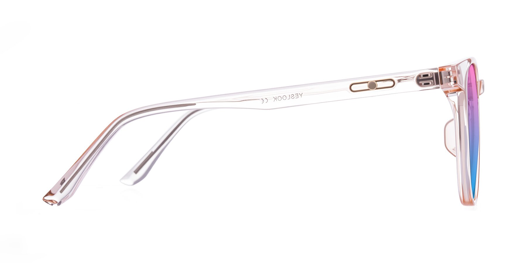 Side of Ruhling in Transparent Pink with Pink / Blue Gradient Lenses