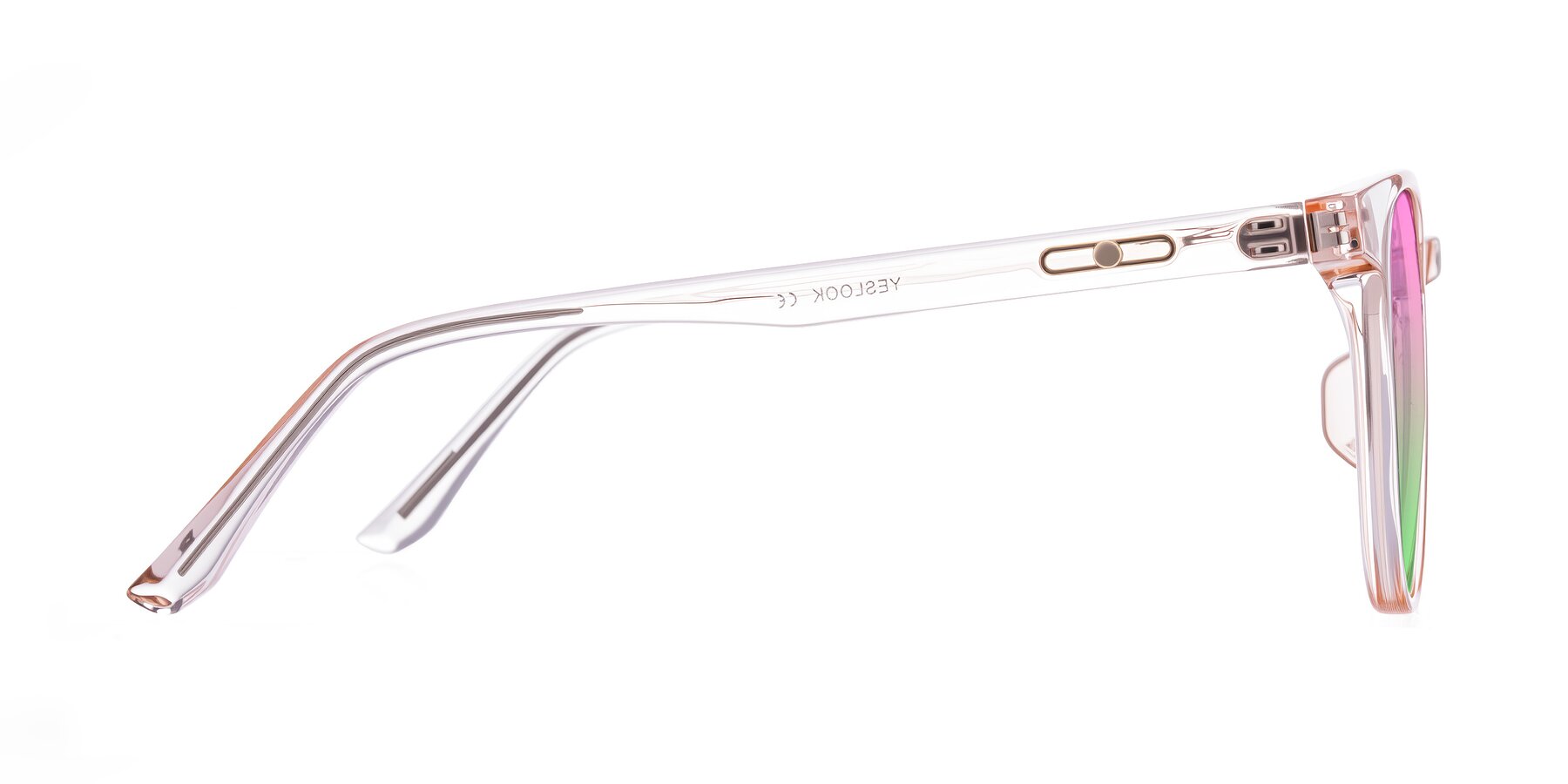 Side of Ruhling in Transparent Pink with Pink / Green Gradient Lenses