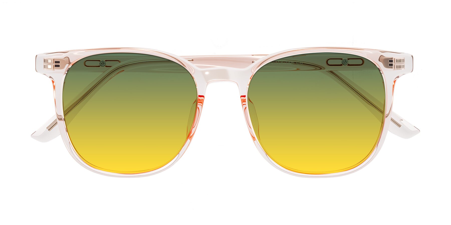 Folded Front of Ruhling in Transparent Pink with Green / Yellow Gradient Lenses