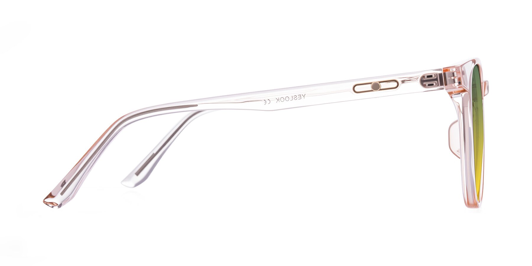 Side of Ruhling in Transparent Pink with Green / Yellow Gradient Lenses