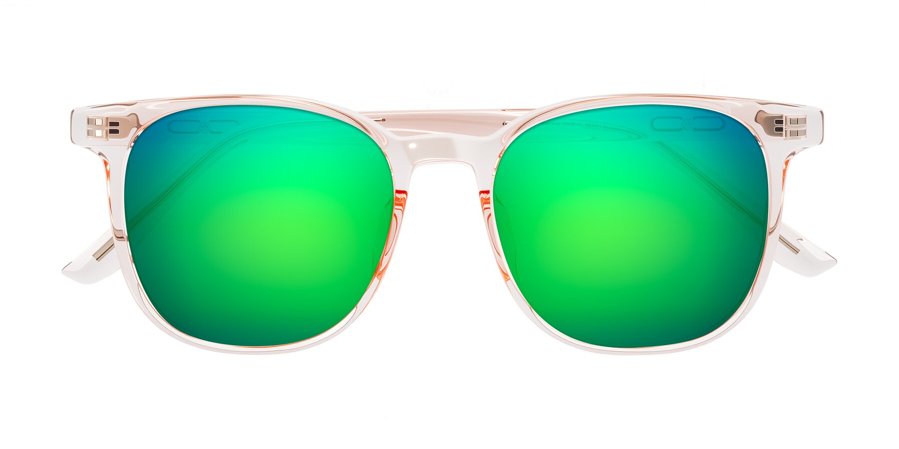 Folded Front of Ruhling in Transparent Pink with Green Mirrored Lenses