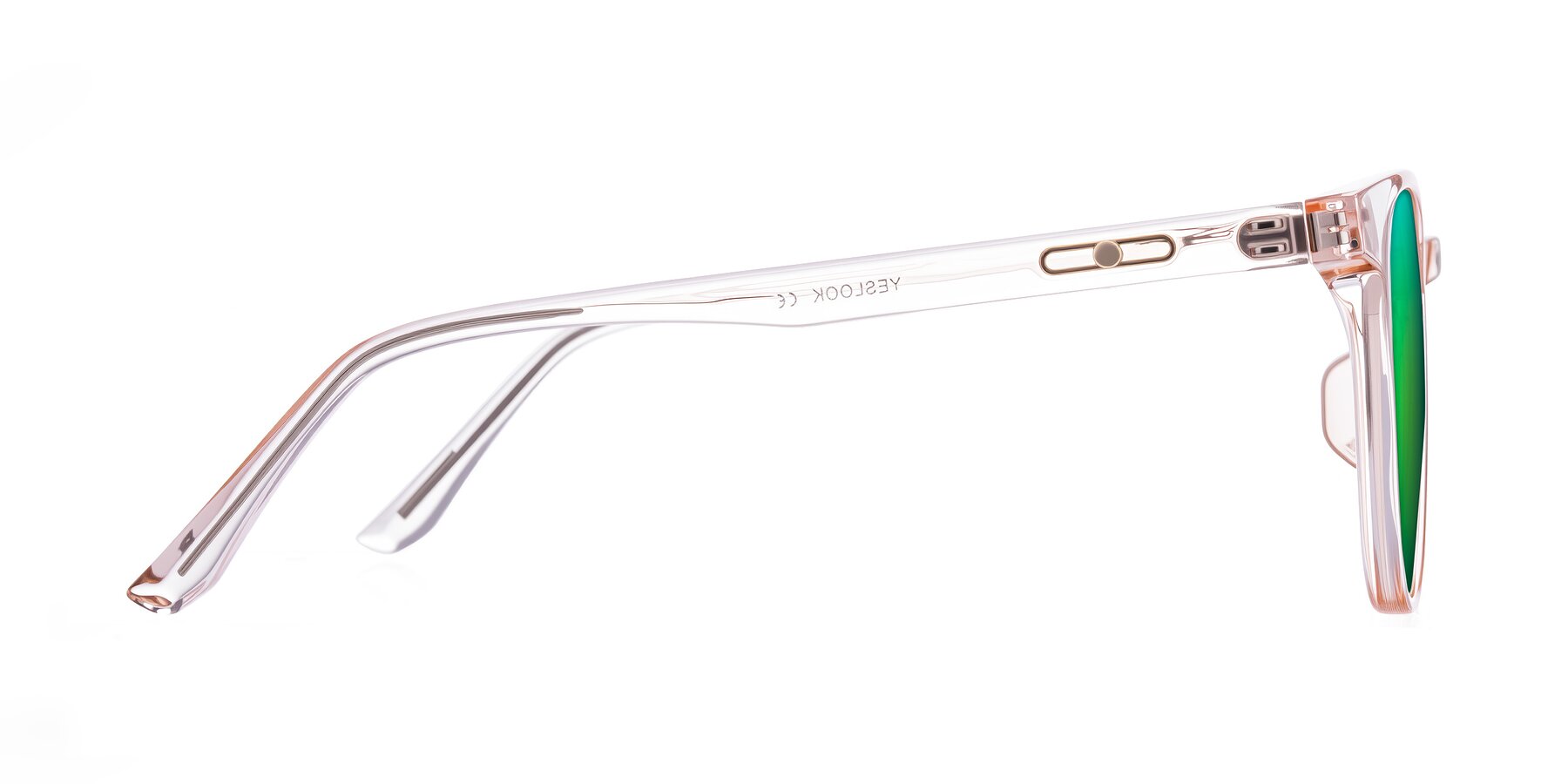 Side of Ruhling in Transparent Pink with Green Mirrored Lenses