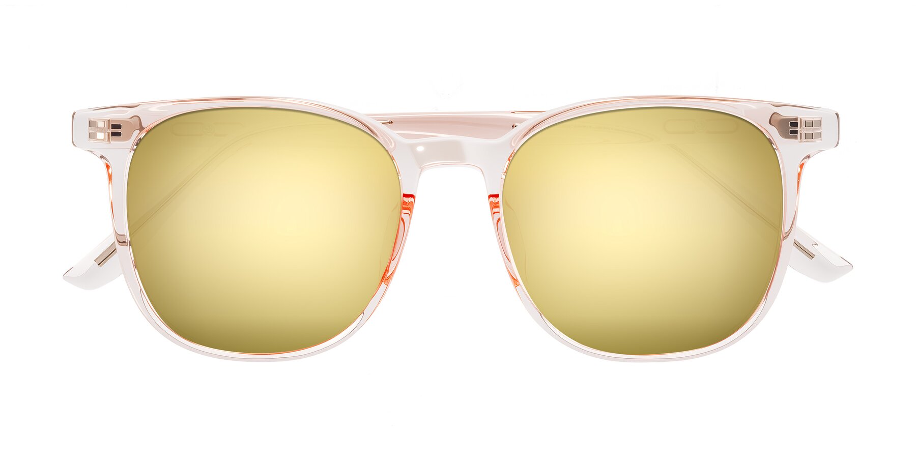 Folded Front of Ruhling in Transparent Pink with Gold Mirrored Lenses