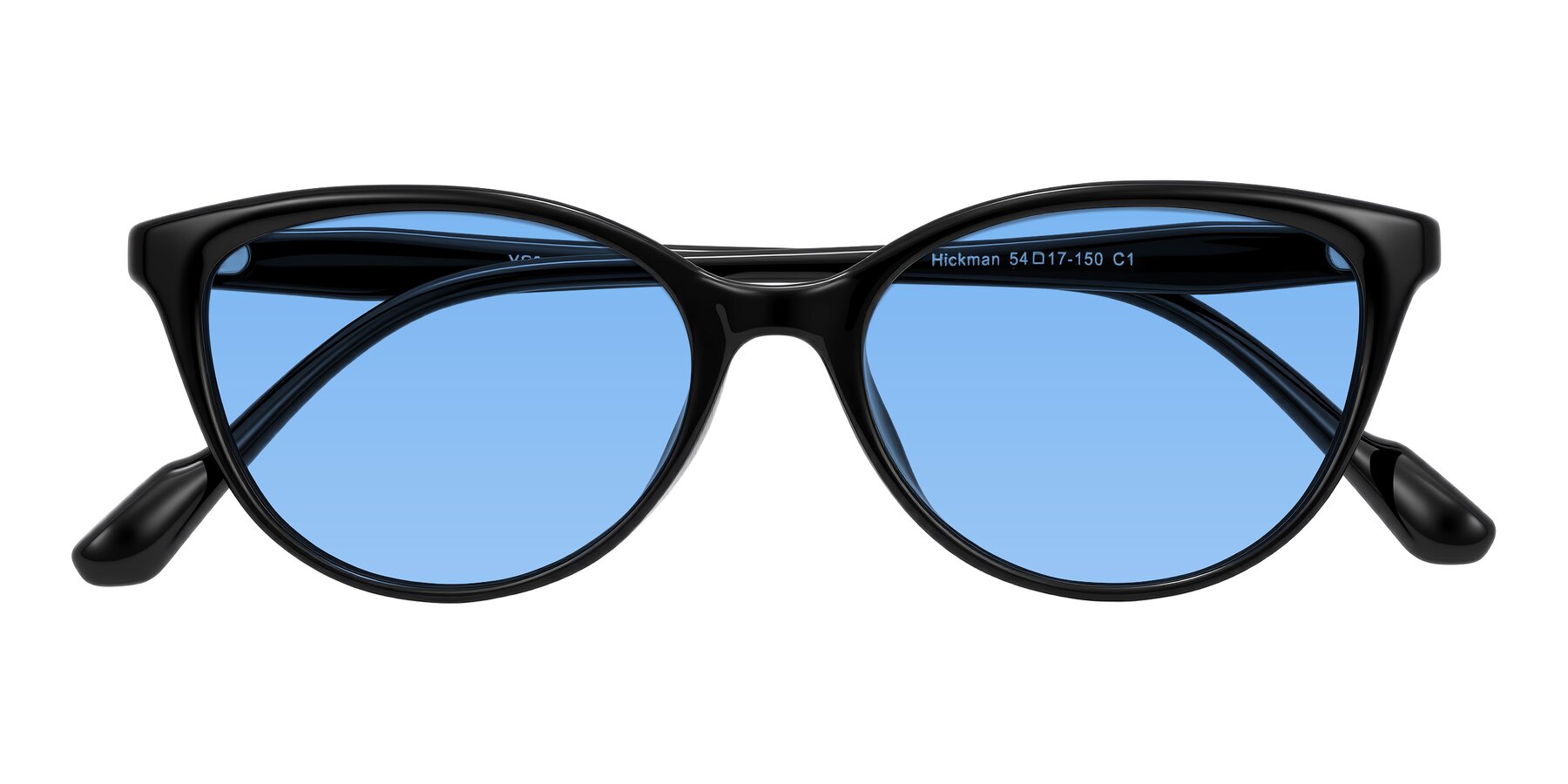 Folded Front of Hickman in Black with Medium Blue Tinted Lenses