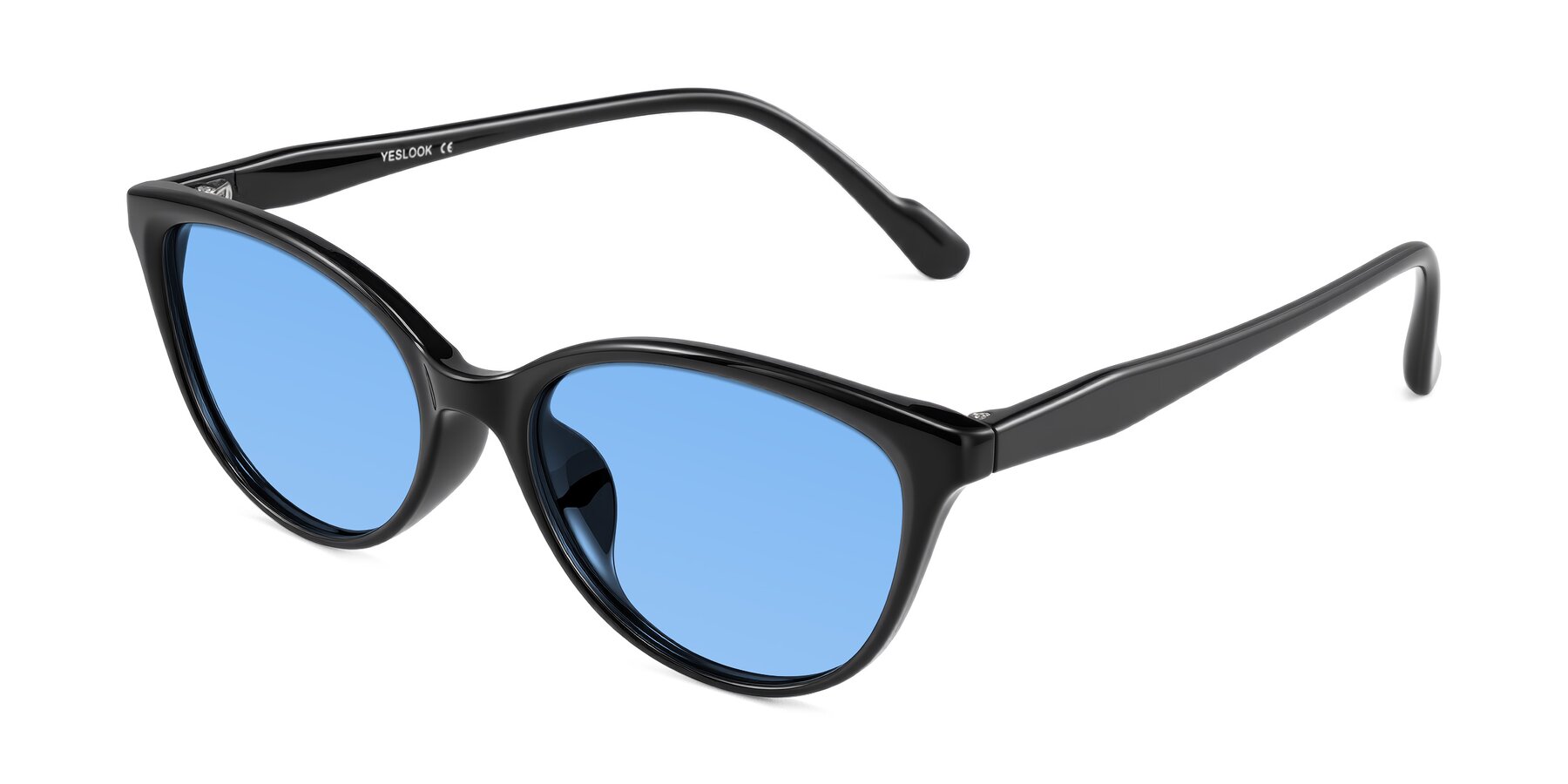 Angle of Hickman in Black with Medium Blue Tinted Lenses
