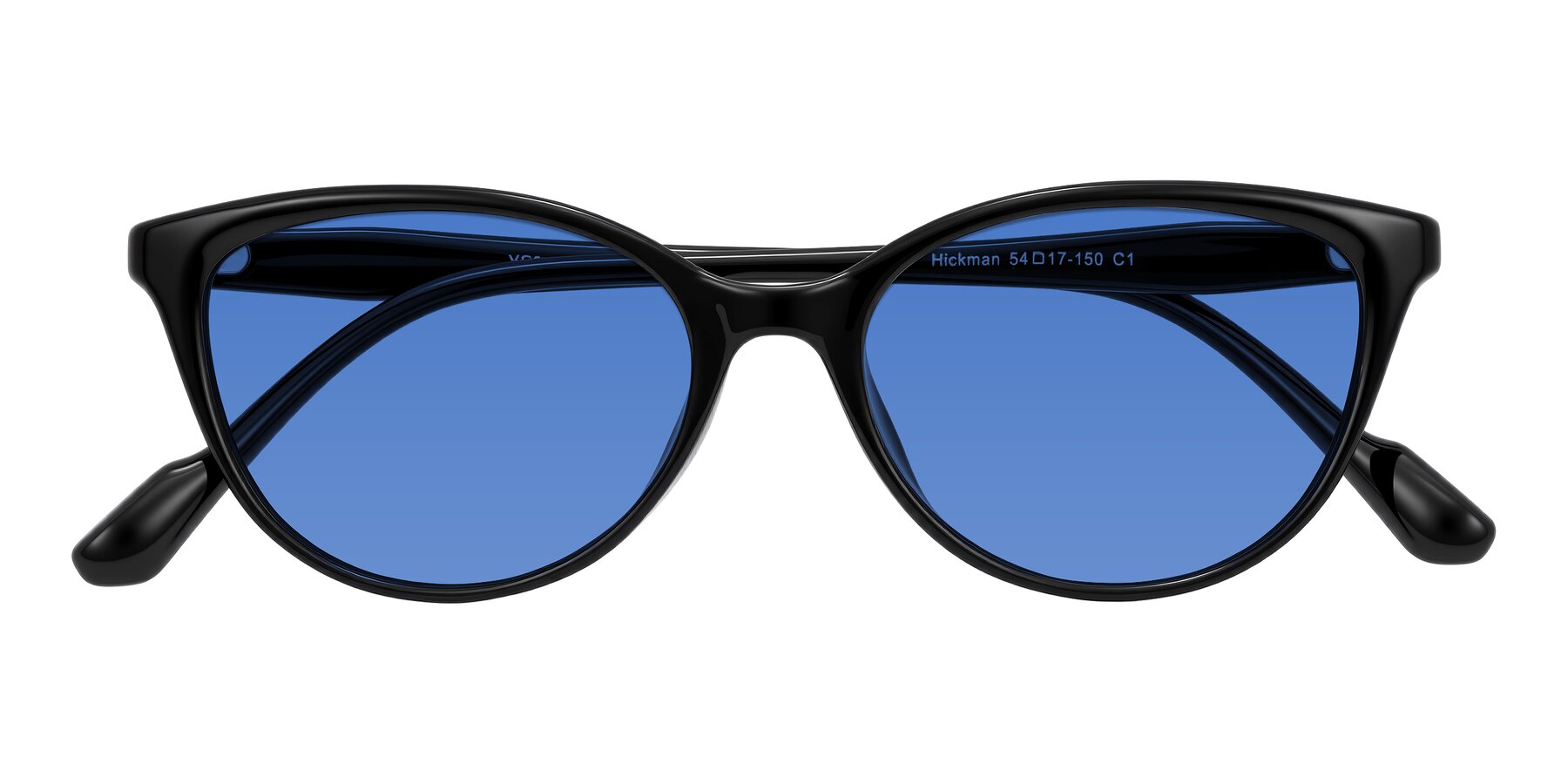 Folded Front of Hickman in Black with Blue Tinted Lenses