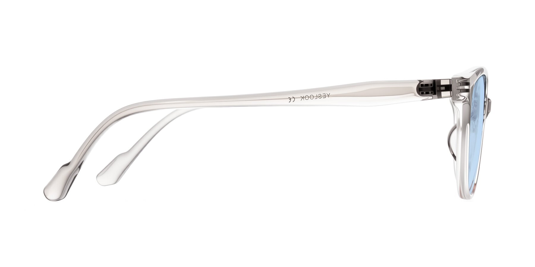 Side of Hickman in Gray/Light Pink with Light Blue Tinted Lenses