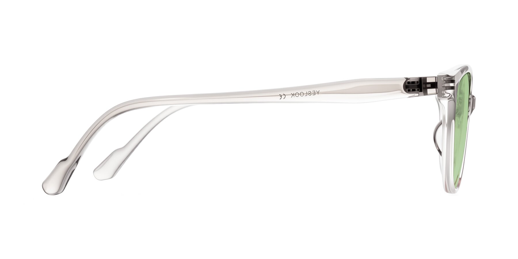 Side of Hickman in Gray/Light Pink with Medium Green Tinted Lenses