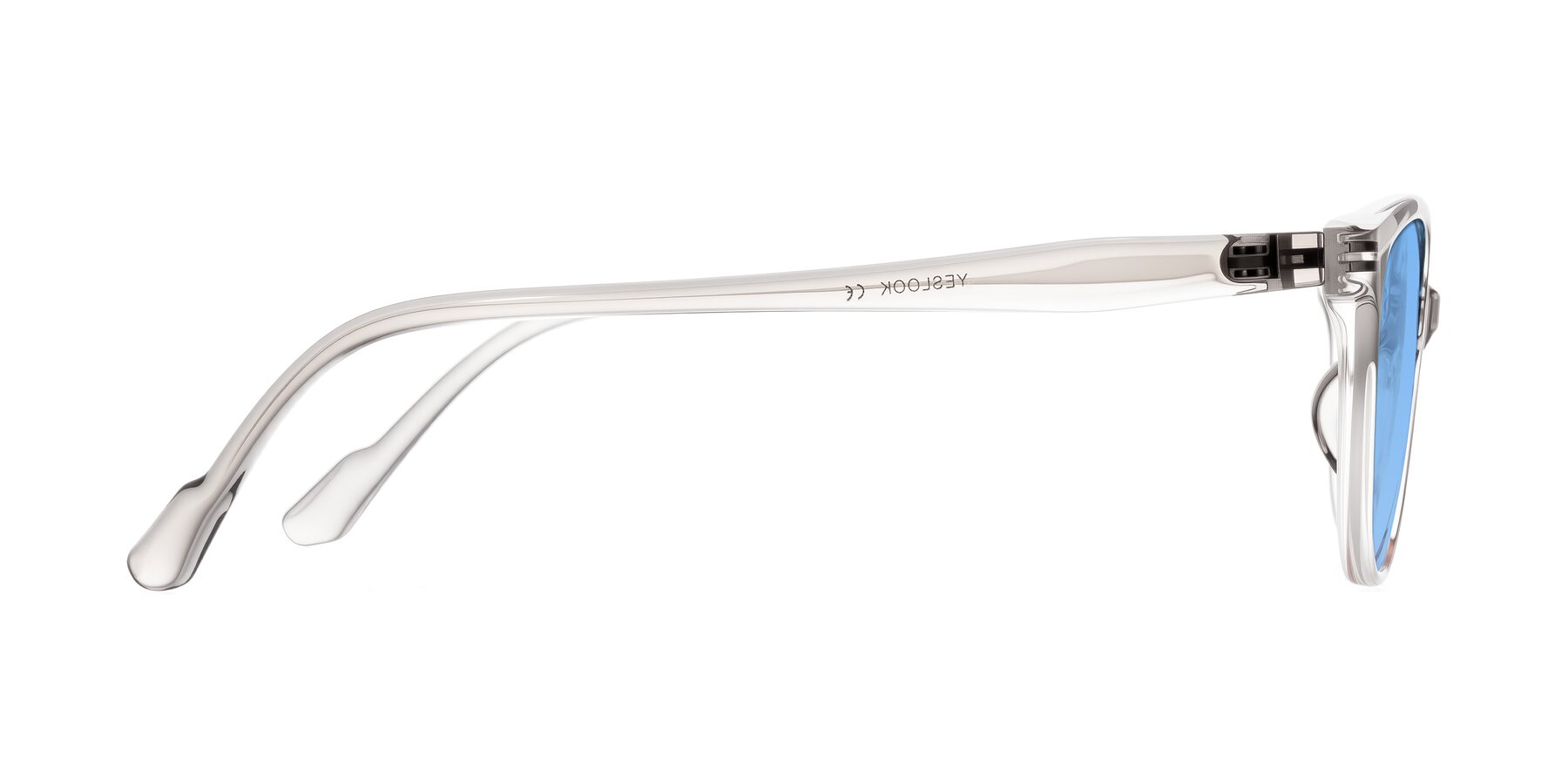 Side of Hickman in Gray/Light Pink with Medium Blue Tinted Lenses