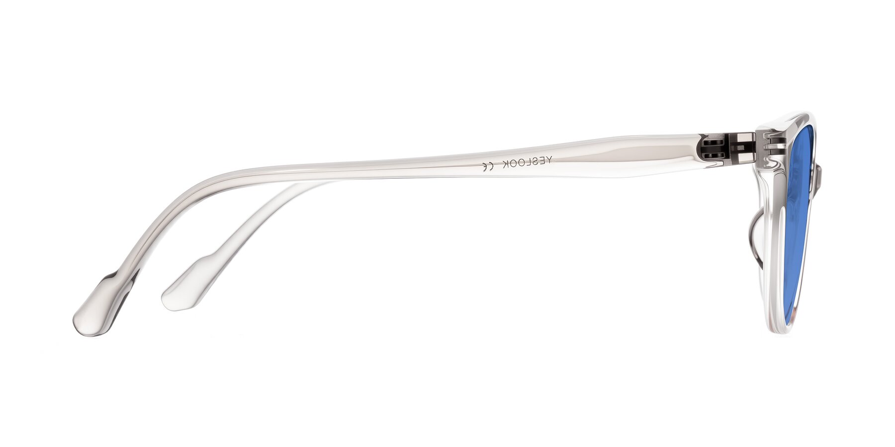 Side of Hickman in Gray/Light Pink with Blue Tinted Lenses