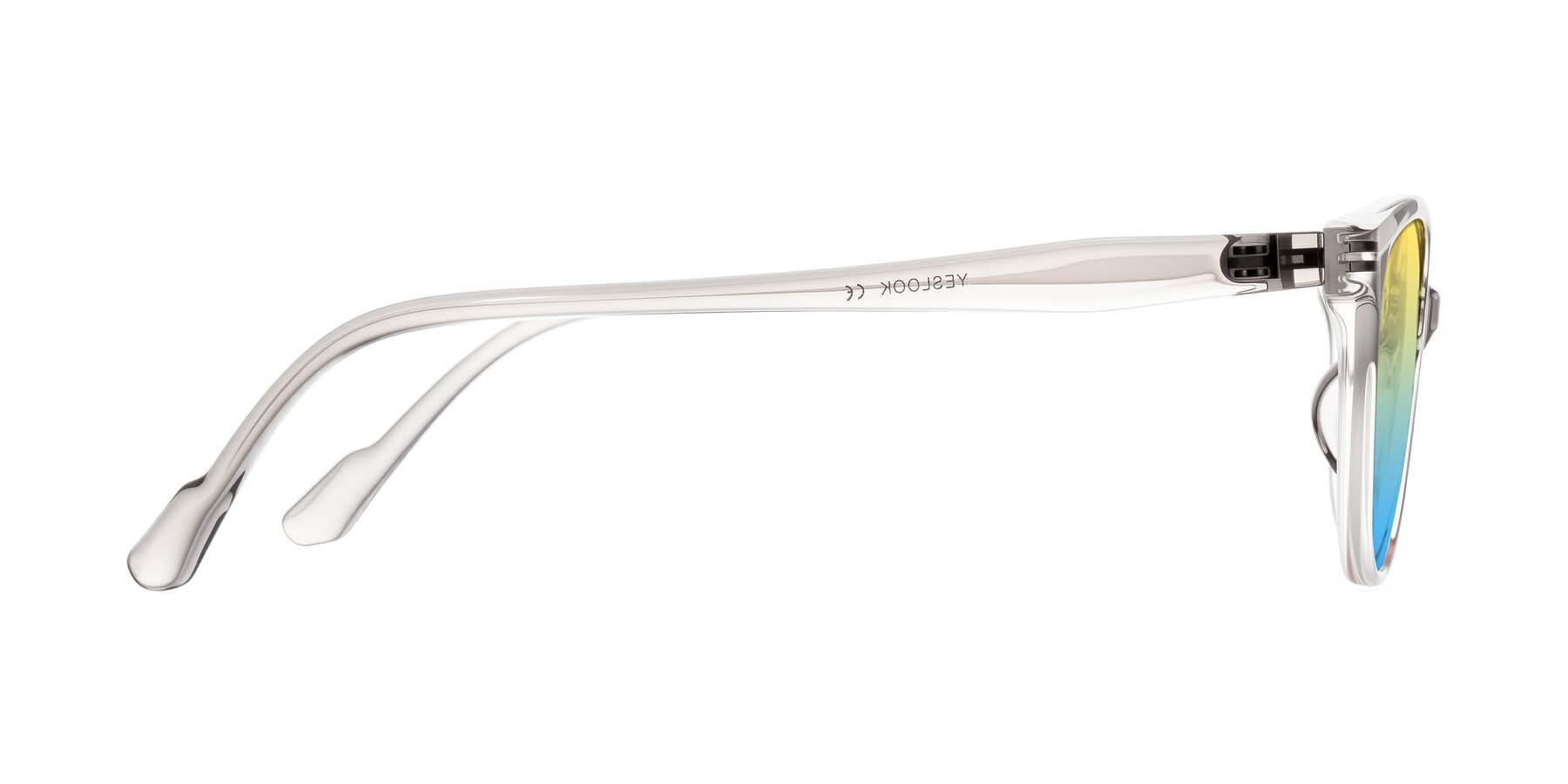 Side of Hickman in Gray/Light Pink with Yellow / Blue Gradient Lenses