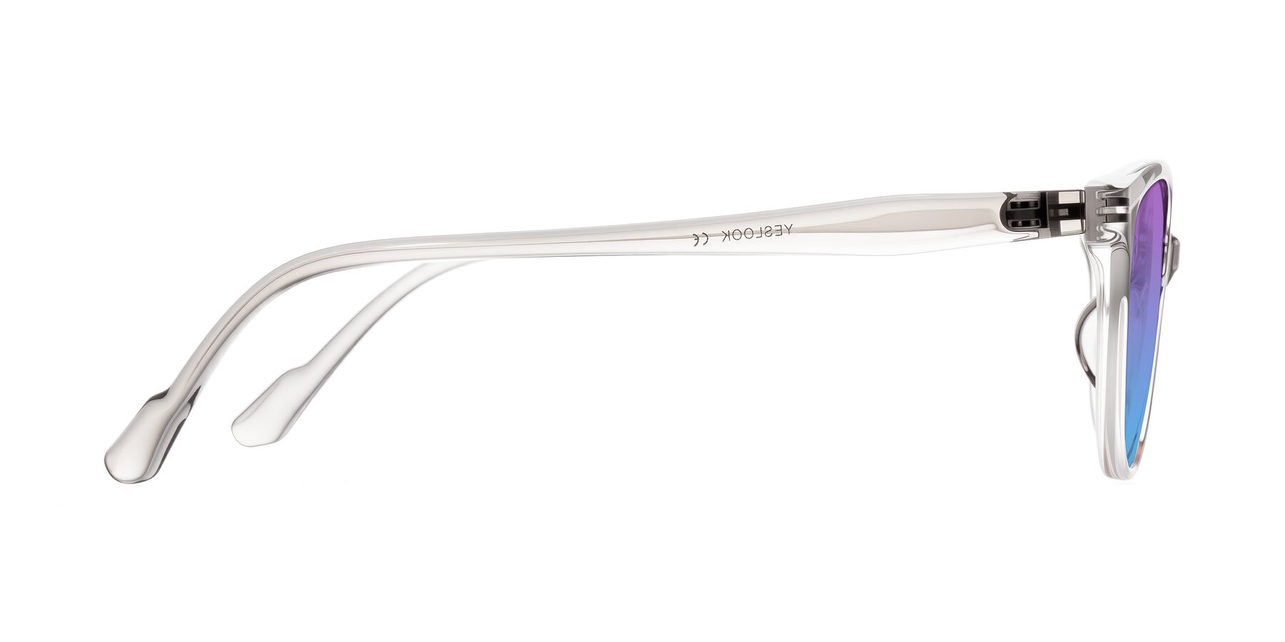 Side of Hickman in Gray/Light Pink with Purple / Blue Gradient Lenses