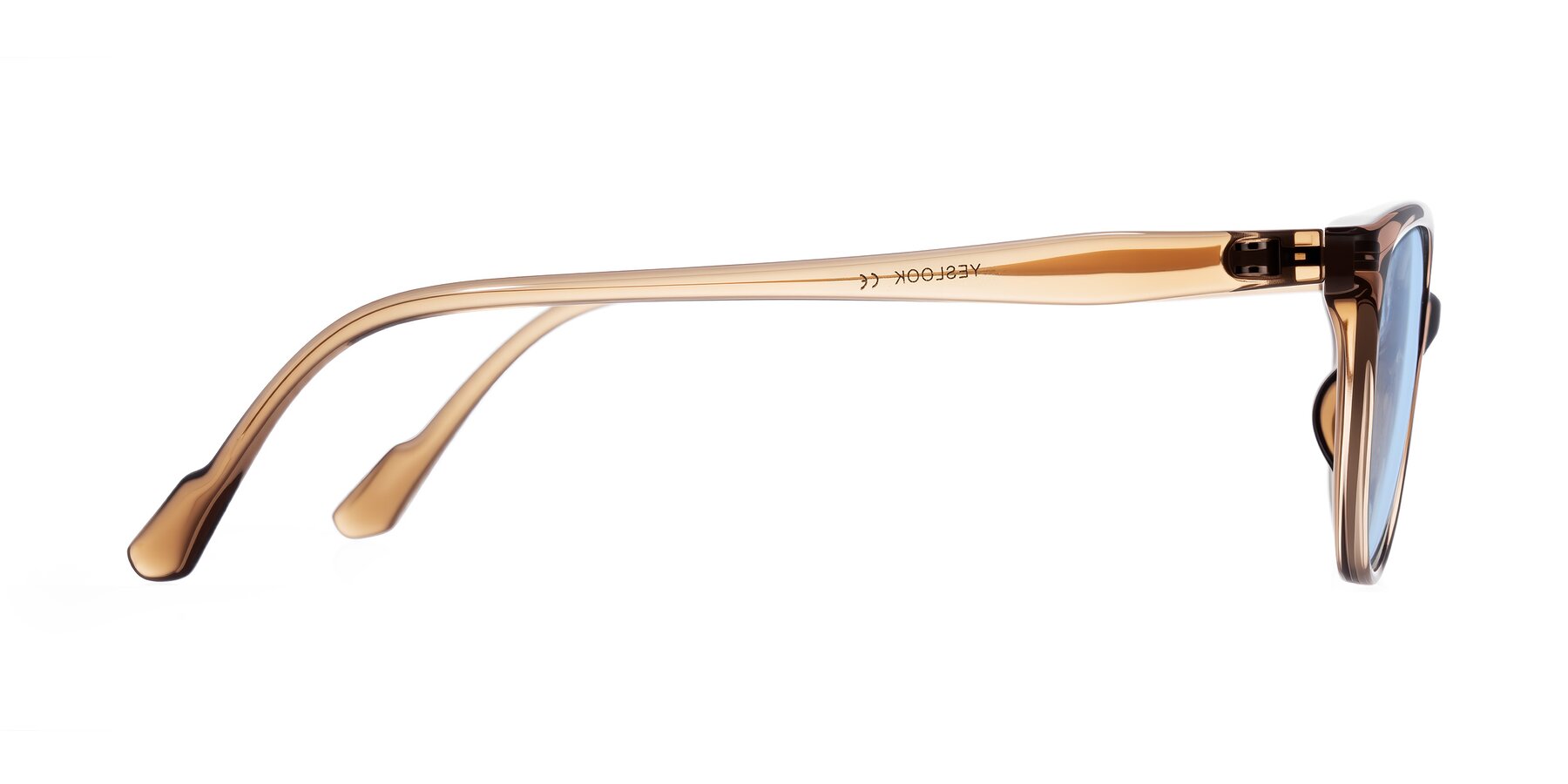 Side of Hickman in Brown with Light Blue Tinted Lenses